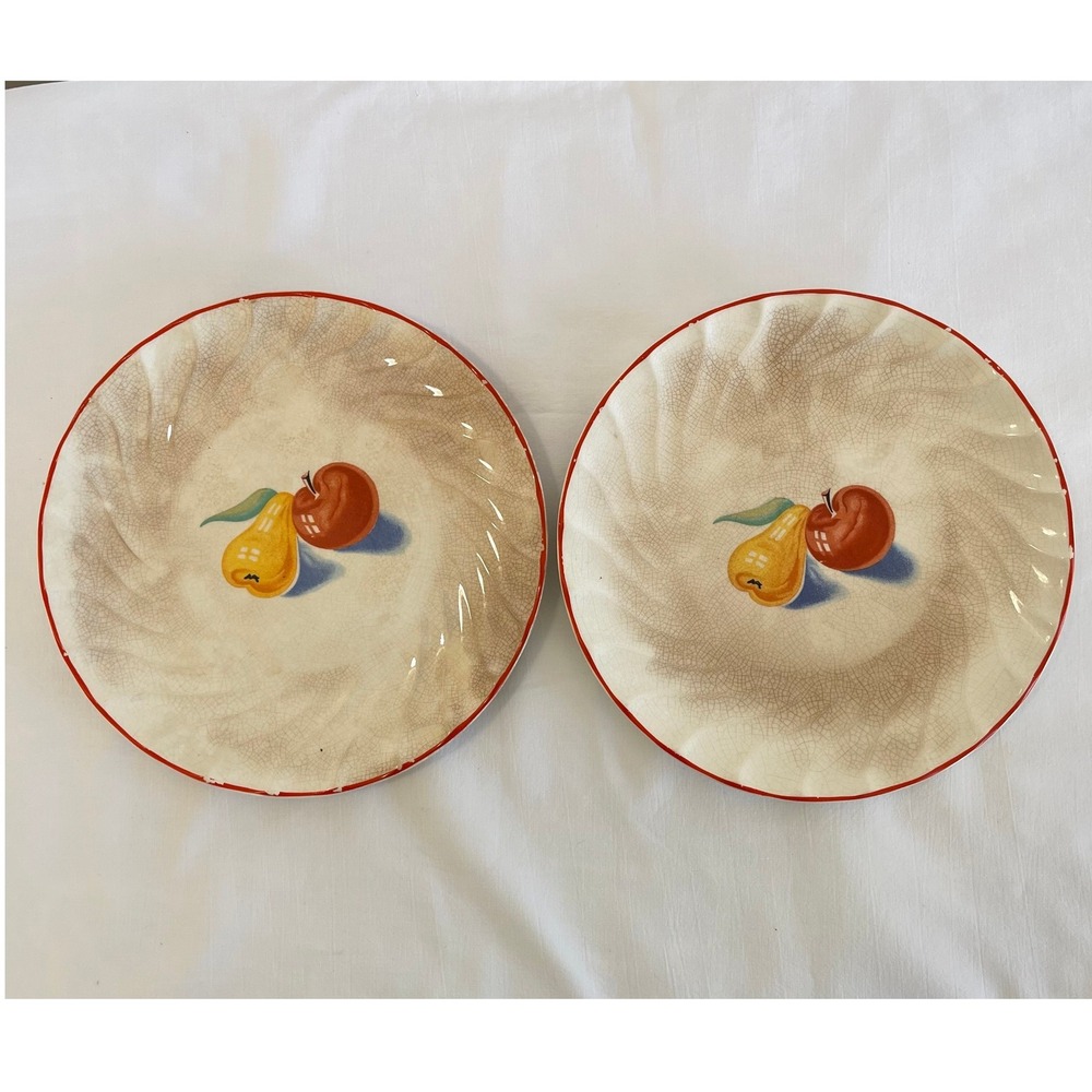 Vintage Bakerite Oven-Tested Fruit Dinner Plates Set of 2 Red Rim Apple Pear 9"